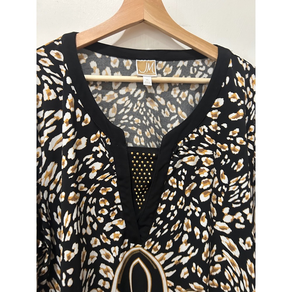 JM Collection XL Tunic Top Black Gold Animal Scroll Print Studded 3/4 Sleeve - Picture 7 of 7